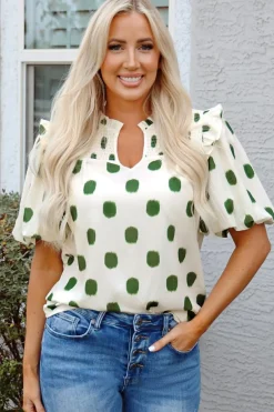 Best Dear-Lover Polka Dot Print Shirred Yoke Notched Neck Balloon Sleeve Blouse Apricot