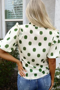 Best Dear-Lover Polka Dot Print Shirred Yoke Notched Neck Balloon Sleeve Blouse Apricot