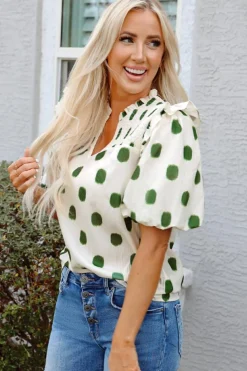 Best Dear-Lover Polka Dot Print Shirred Yoke Notched Neck Balloon Sleeve Blouse Apricot