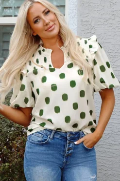 Best Dear-Lover Polka Dot Print Shirred Yoke Notched Neck Balloon Sleeve Blouse Apricot