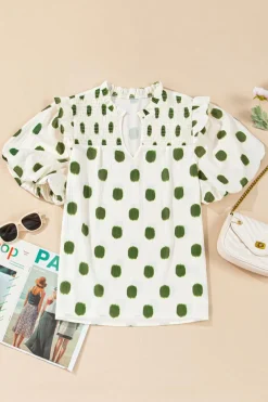 Best Dear-Lover Polka Dot Print Shirred Yoke Notched Neck Balloon Sleeve Blouse Apricot
