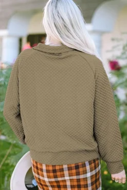 Online Dear-Lover Quilted Buttoned Neckline Stand Neck Pullover Sweatshirt Apricot