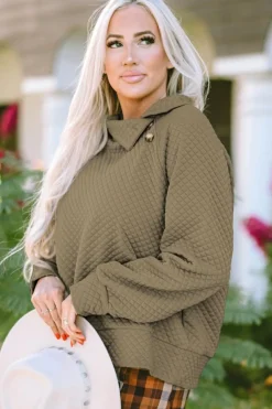 Online Dear-Lover Quilted Buttoned Neckline Stand Neck Pullover Sweatshirt Apricot