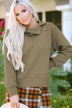 Online Dear-Lover Quilted Buttoned Neckline Stand Neck Pullover Sweatshirt Apricot