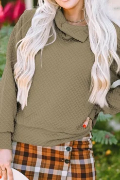 Online Dear-Lover Quilted Buttoned Neckline Stand Neck Pullover Sweatshirt Apricot
