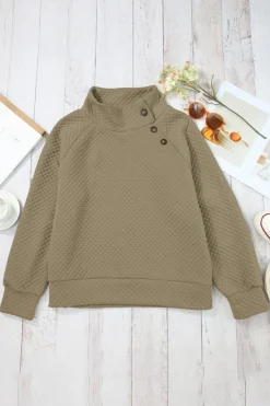 Online Dear-Lover Quilted Buttoned Neckline Stand Neck Pullover Sweatshirt Apricot