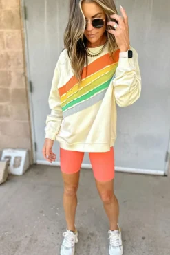 Best Dear-Lover Rainbow Colorblock Striped Pullover Sweatshirt Apricot