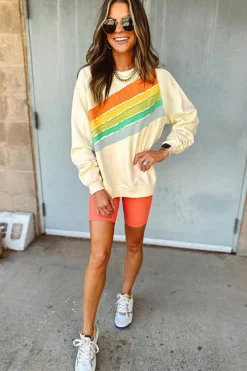 Best Dear-Lover Rainbow Colorblock Striped Pullover Sweatshirt Apricot