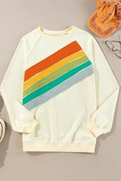 Best Dear-Lover Rainbow Colorblock Striped Pullover Sweatshirt Apricot