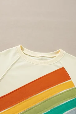 Best Dear-Lover Rainbow Colorblock Striped Pullover Sweatshirt Apricot