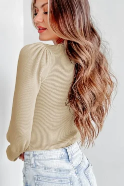 Fashion Dear-Lover Ribbed Balloon Sleeve Bodysuit Apricot