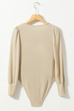Fashion Dear-Lover Ribbed Balloon Sleeve Bodysuit Apricot