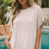 New Dear-Lover Ribbed Knit Batwing Sleeve Tunic Oversized T Shirt Apricot