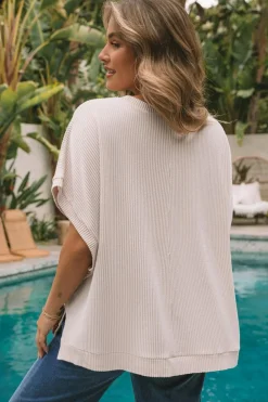 New Dear-Lover Ribbed Knit Batwing Sleeve Tunic Oversized T Shirt Apricot