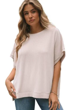 New Dear-Lover Ribbed Knit Batwing Sleeve Tunic Oversized T Shirt Apricot