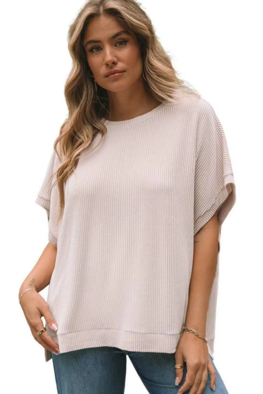 New Dear-Lover Ribbed Knit Batwing Sleeve Tunic Oversized T Shirt Apricot