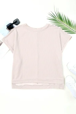 New Dear-Lover Ribbed Knit Batwing Sleeve Tunic Oversized T Shirt Apricot
