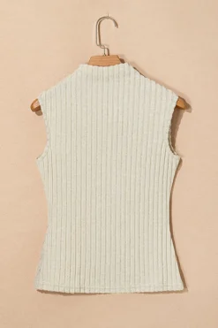 Hot Dear-Lover Ribbed Knit Mock Neck Tank Top Apricot