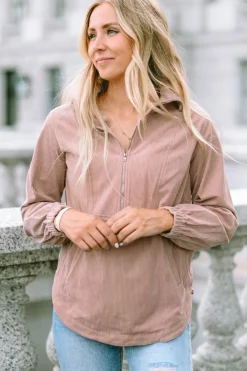 Discount Dear-Lover Ribbed Texture Half Zip Collared Sweatshirt Apricot