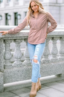 Discount Dear-Lover Ribbed Texture Half Zip Collared Sweatshirt Apricot