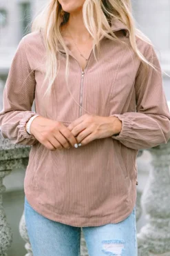 Discount Dear-Lover Ribbed Texture Half Zip Collared Sweatshirt Apricot