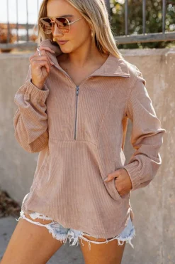 Discount Dear-Lover Ribbed Texture Half Zip Collared Sweatshirt Apricot