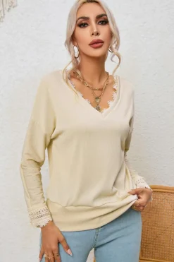 New Dear-Lover Ribbed Texture Lace Trim V Neck Long Sleeve Top Apricot