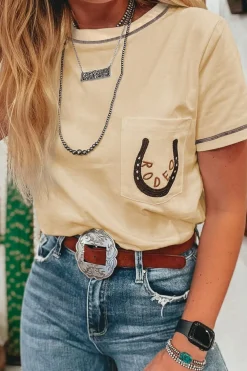 Outlet Dear-Lover RODEO Horseshoe Embroidered Patch Pocket T Shirt Apricot