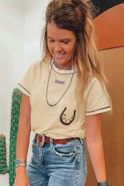 Outlet Dear-Lover RODEO Horseshoe Embroidered Patch Pocket T Shirt Apricot