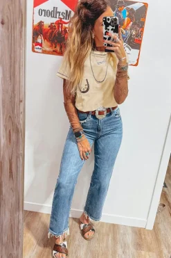 Outlet Dear-Lover RODEO Horseshoe Embroidered Patch Pocket T Shirt Apricot