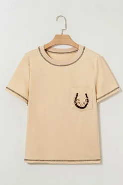 Outlet Dear-Lover RODEO Horseshoe Embroidered Patch Pocket T Shirt Apricot