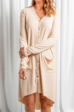 Outlet Dear-Lover Selected Button Pocketed High Low Cardigan Apricot