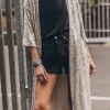 Sale Dear-Lover Sequin 3/4 Sleeve Open Front Duster Kimono Apricot