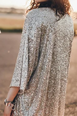 Sale Dear-Lover Sequin 3/4 Sleeve Open Front Duster Kimono Apricot