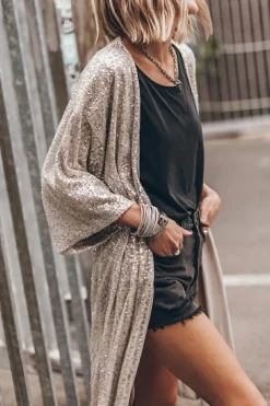 Sale Dear-Lover Sequin 3/4 Sleeve Open Front Duster Kimono Apricot