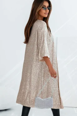 Sale Dear-Lover Sequin 3/4 Sleeve Open Front Duster Kimono Apricot