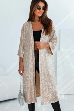 Sale Dear-Lover Sequin 3/4 Sleeve Open Front Duster Kimono Apricot