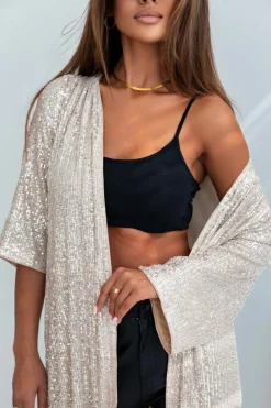 Sale Dear-Lover Sequin 3/4 Sleeve Open Front Duster Kimono Apricot