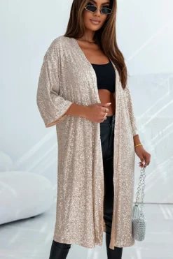 Sale Dear-Lover Sequin 3/4 Sleeve Open Front Duster Kimono Apricot