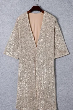 Sale Dear-Lover Sequin 3/4 Sleeve Open Front Duster Kimono Apricot