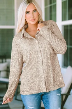Discount Dear-Lover Sequin Collared Bust Pocket Buttoned Shirt Apricot
