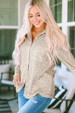 Discount Dear-Lover Sequin Collared Bust Pocket Buttoned Shirt Apricot