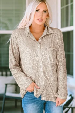 Discount Dear-Lover Sequin Collared Bust Pocket Buttoned Shirt Apricot