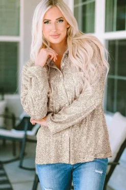 Discount Dear-Lover Sequin Collared Bust Pocket Buttoned Shirt Apricot