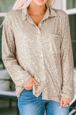 Discount Dear-Lover Sequin Collared Bust Pocket Buttoned Shirt Apricot