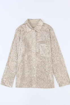Discount Dear-Lover Sequin Collared Bust Pocket Buttoned Shirt Apricot