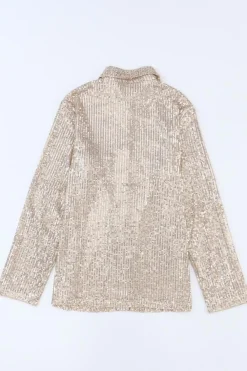 Discount Dear-Lover Sequin Collared Bust Pocket Buttoned Shirt Apricot