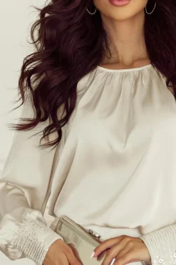 New Dear-Lover Sequin Cuffs Bubble Sleeve Blouse Apricot