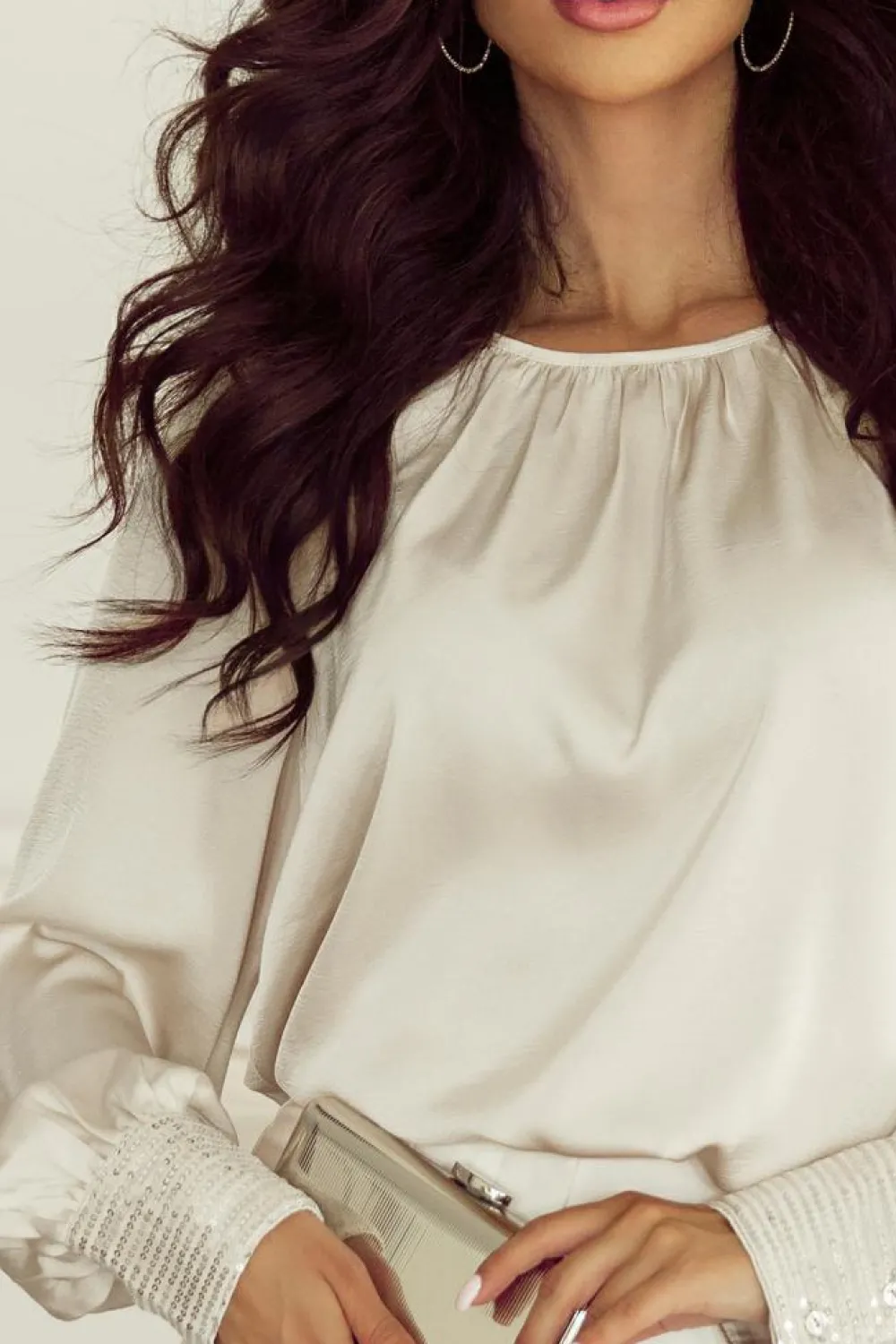New Dear-Lover Sequin Cuffs Bubble Sleeve Blouse Apricot