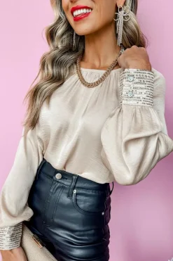 New Dear-Lover Sequin Cuffs Bubble Sleeve Blouse Apricot